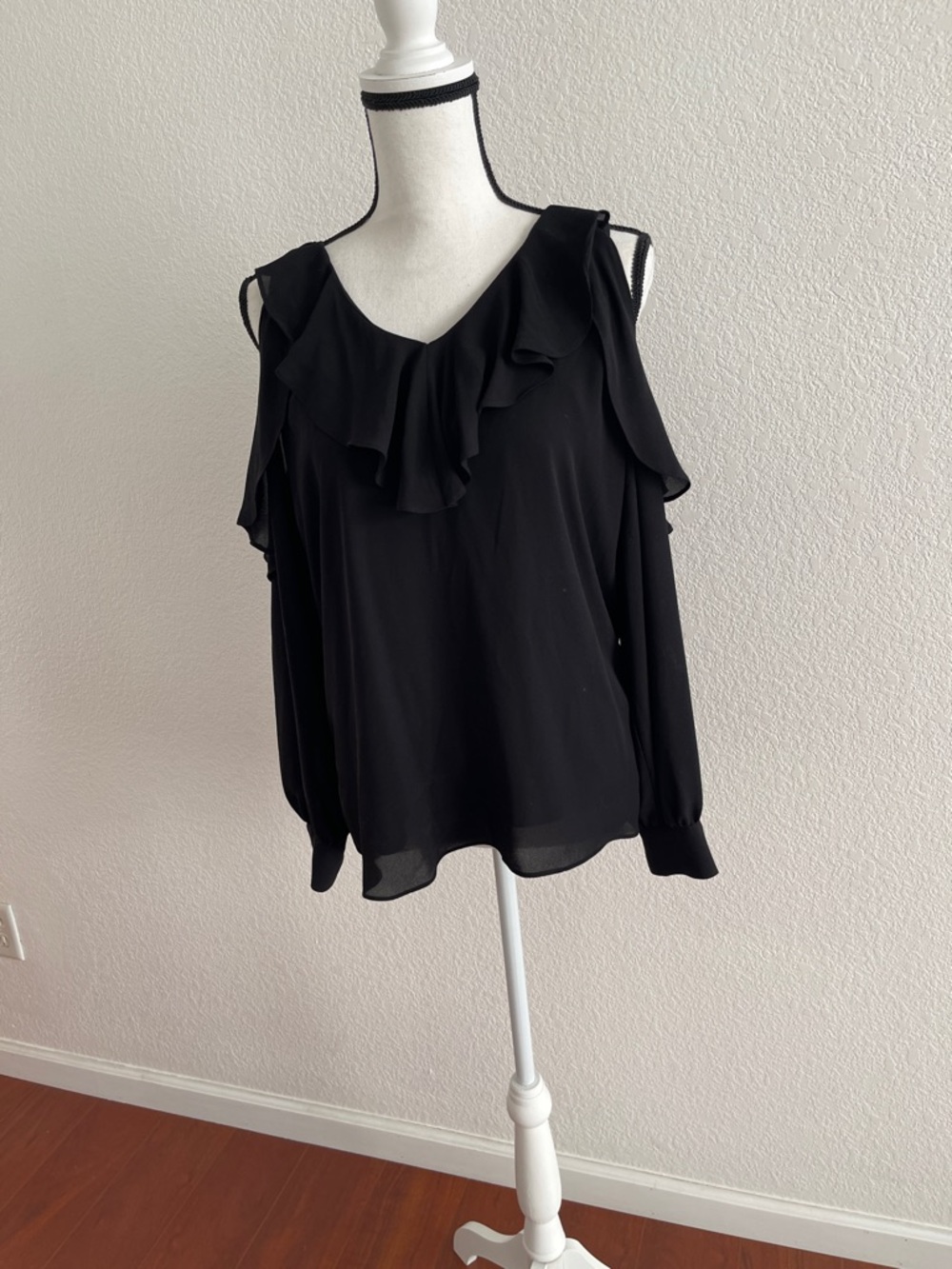 Tahari Black Ruffle Cold-Shoulder Blouse